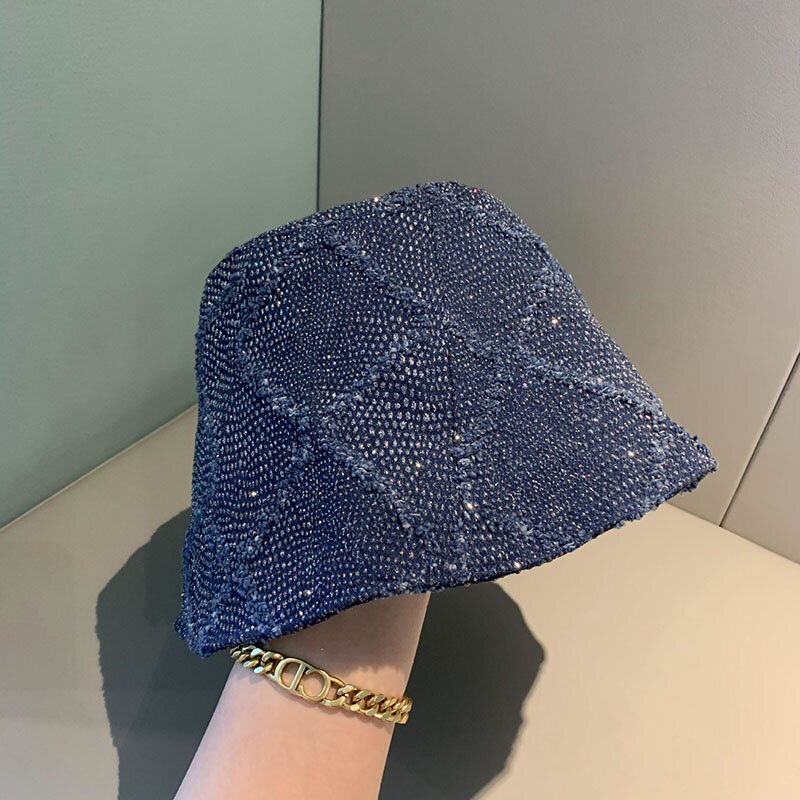 Панама синяя Стразы однотонная для мужчин и женщин, универсальная модная шапка рыбака, Уличная Повседневная складная шляпа от солнца, весна-лето 2021