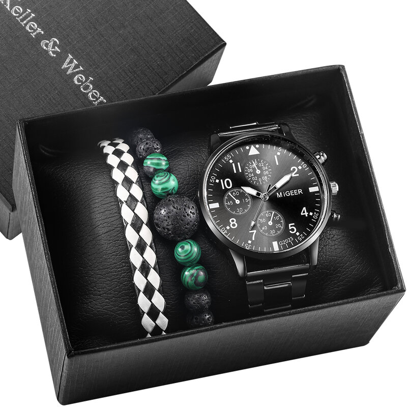 Luxo 3 pçs relógio de pulso conjunto pulseira para homens esporte negócios banda aço quartzo relógios caixa presente pacote relogio masculino