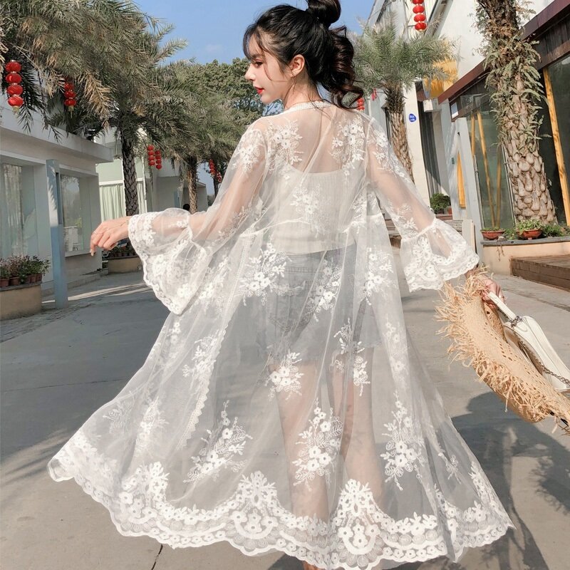 Boho-kimono feminino longo, cardigã transparente com renda, moda coreana, roupa feminina para o verão 2020 dd2513