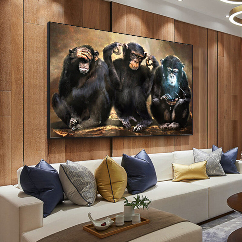 AAHH Kanvas Lukisan Hewan Monyet Dinding Seni Tiga Lucu Orangutan Minyak Lukisan Dinding Gambar Dekorasi Rumah Poster dan Cetakan