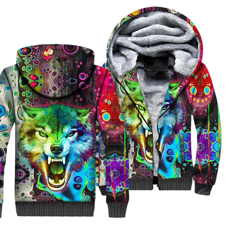 3D impresso velo zíper hoodies para homens e mulheres, lobo, jaqueta dupla plus veludo, trajes cosplay, quente, inverno, 01
