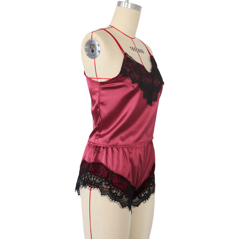 BKLD-nowa koronkowa szyta satynowa piżama dla kobiet, zestawy ubranek w kolorze czerwonego wina, krótkie topy i szorty, wygodne, seksowne kostiumy dwuczęściowe
