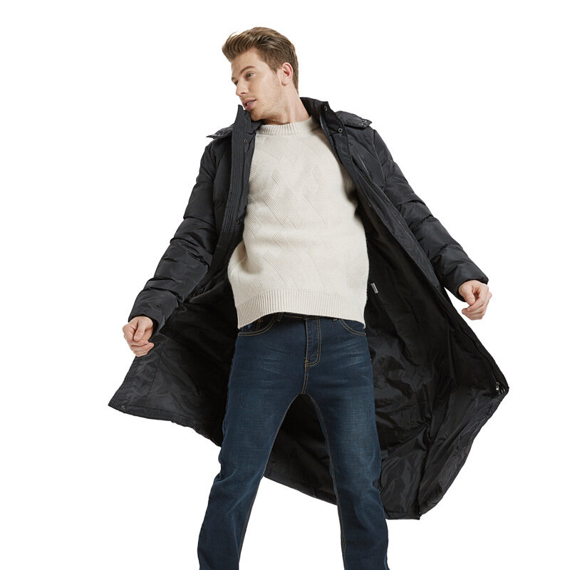 남성 슈퍼 긴 코트 겨울 무릎 긴 섹션 두꺼운 대형 비즈니스 남성 야외 겨울 자켓 블랙 코트