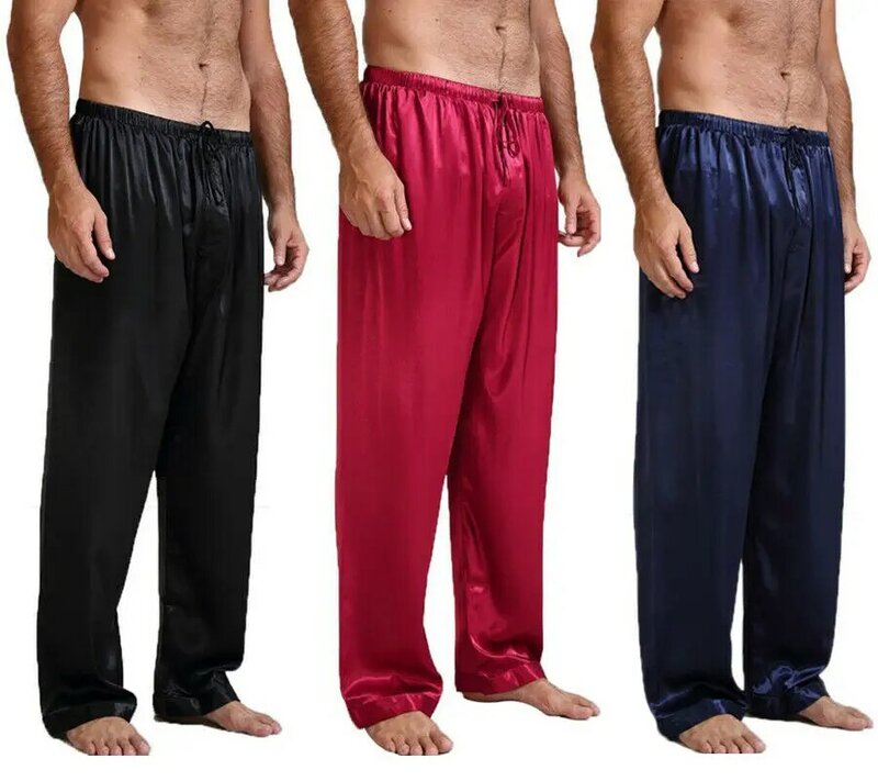새로운 남성용 실크 새틴 잠옷, 하의 단색, 느슨한 잠옷, 섹시한 속옷, 수면 하의, 라운지 바지, 잠옷, 잠옷 바지