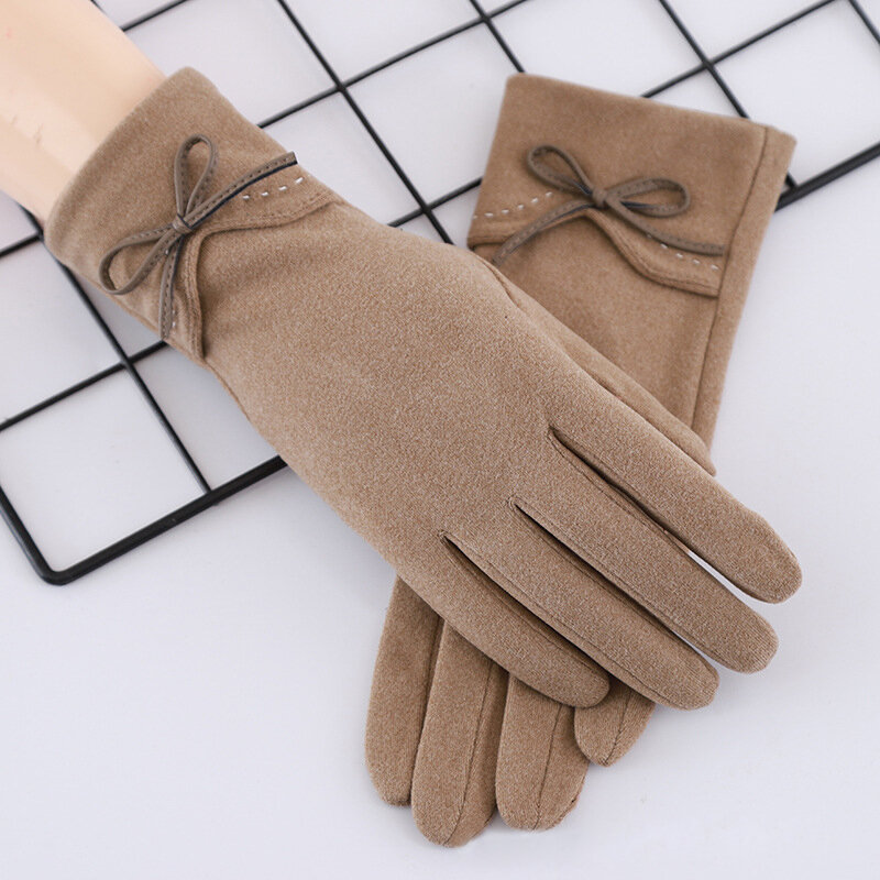 Осенне-зимние женские тонкие теплые однослойные ветрозащитные перчатки с бантиком для сенсорного экрана