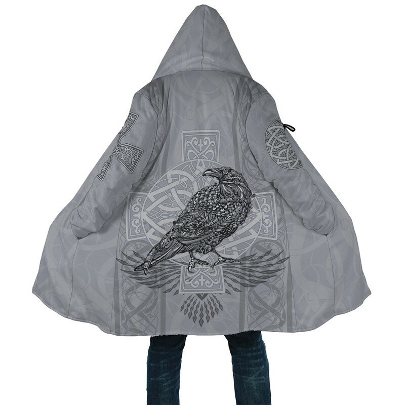 Capa con capucha de lana con estampado 3D de tatuaje para hombre, chaqueta gruesa y cálida de estilo vikingo Odin, informal, unisex, el más nuevo
