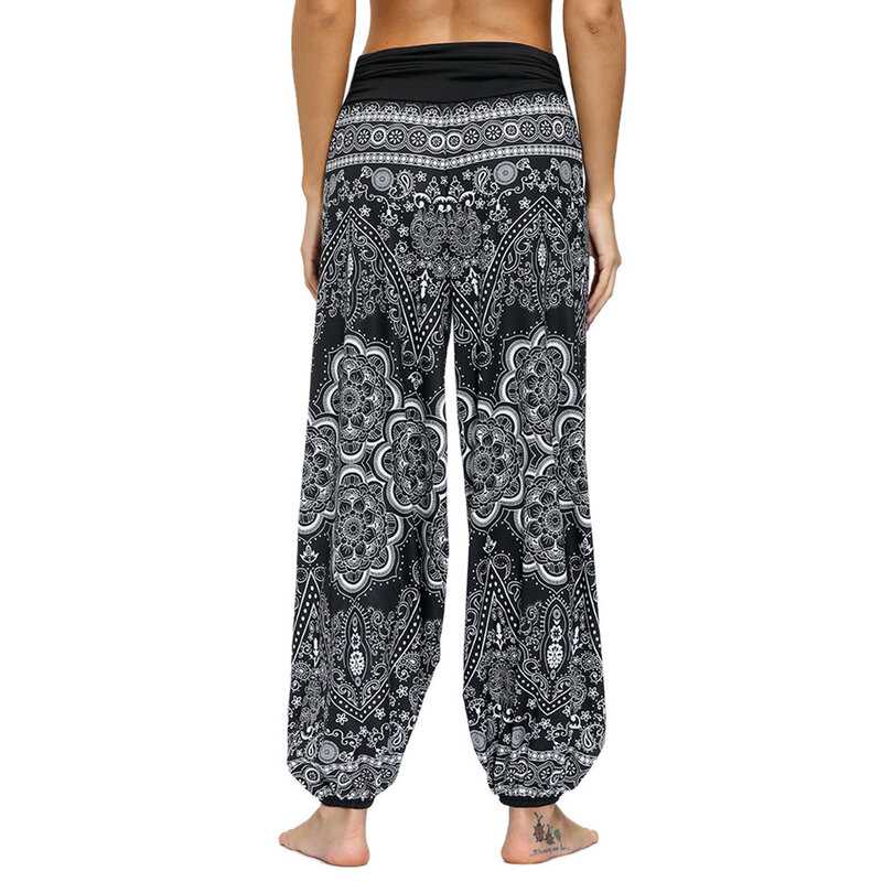 Calças femininas estilo boho para yoga, calças de harém largas com estampa hippie, estilo boêmio, para praia