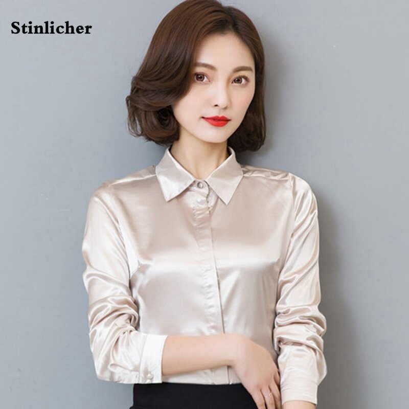 Stinlicher Satijn Zijde Shirt Vrouwen Lente Herfst Lange Mouwen Elegante Werkkleding Tops Koreaanse Mode Wit Blauw Zwart Blouse Shirt