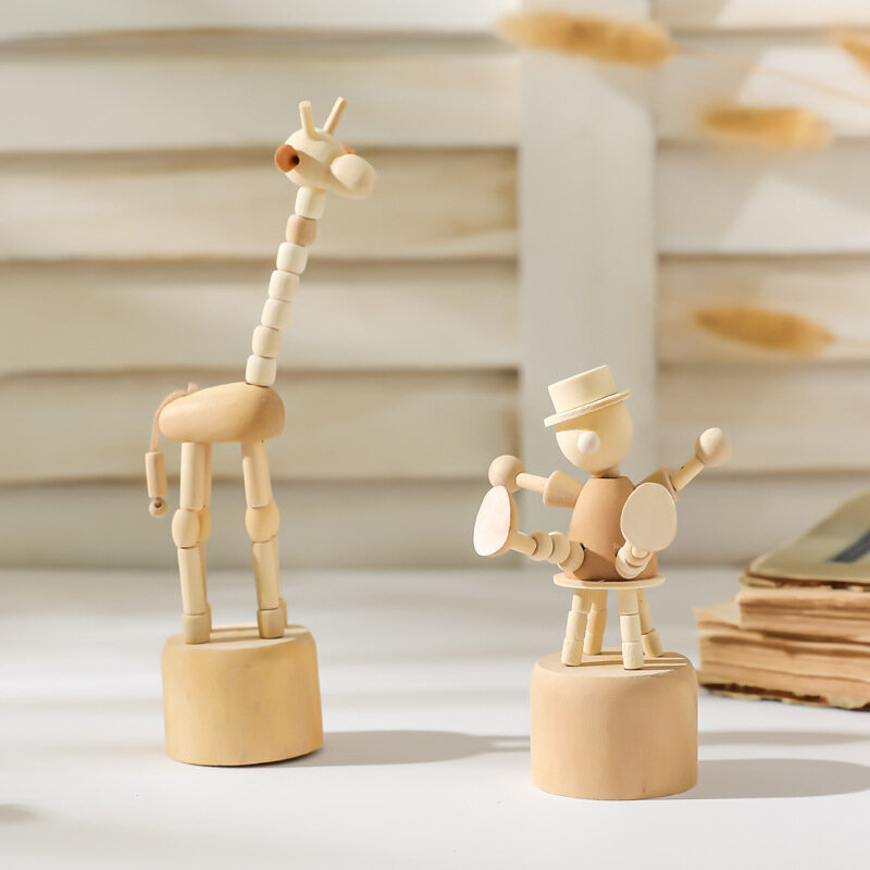 Kartun Karya Seni Kayu Bergerak Boneka Desktop Patung Ornamen Badut Kuda Jerapah Patung Anjing Kerajinan Mainan Hadiah Dekorasi Rumah