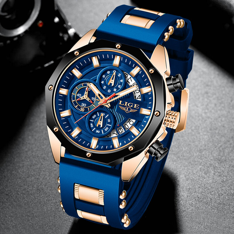 2023 nowy Top LIGE marka Casual modne zegarki dla człowieka Sport wojskowy Silicagel Wrist Watch mężczyźni zegarek Chronograph Relojes Hombre
