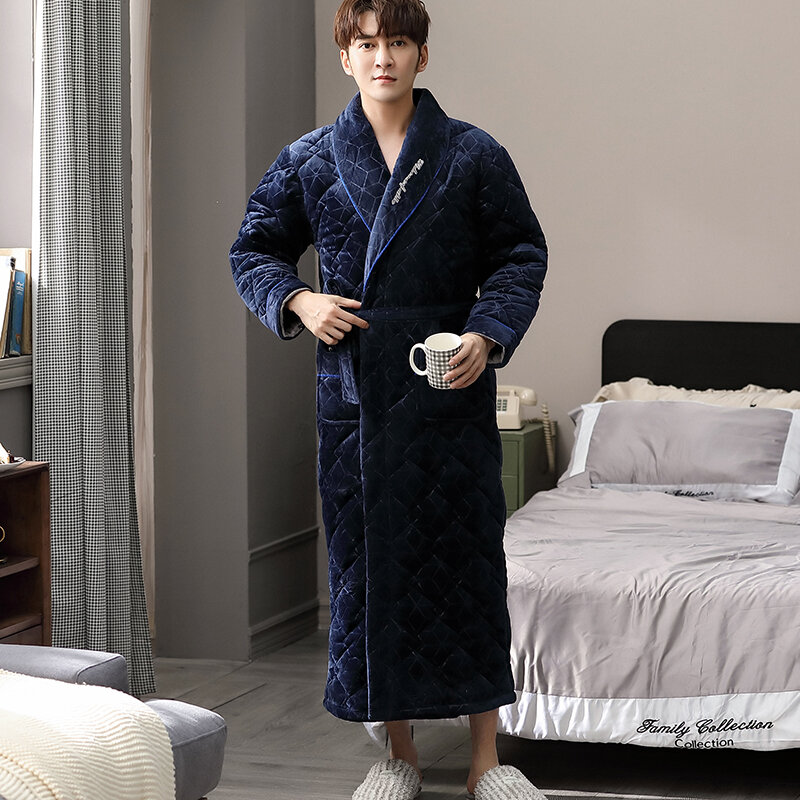 Homem geométrico quimono roupão de flanela inverno acolchoado longo robe grosso quente pijamas grande yards3xl camisola masculina casual casa wear