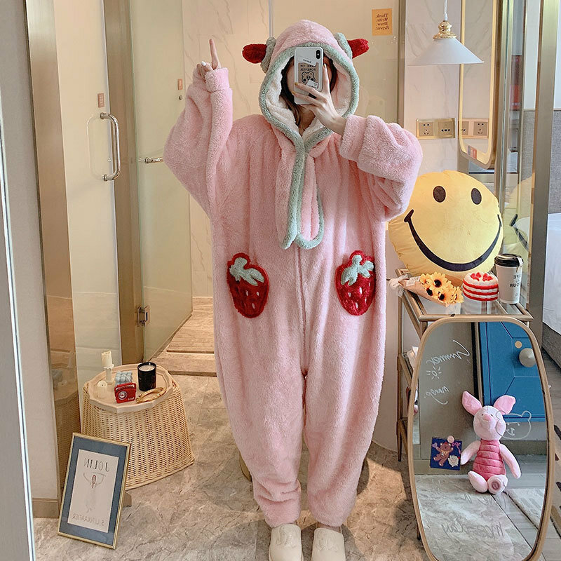 Phụ Nữ Hoạt Hình Đáng Yêu Nữ Jumpsuit Pijama Dày Nỉ Mặc Onesies Đồ Ngủ Áo Trùm Đầu Váy Ngủ Mùa Đông Pyjama Kigurumi