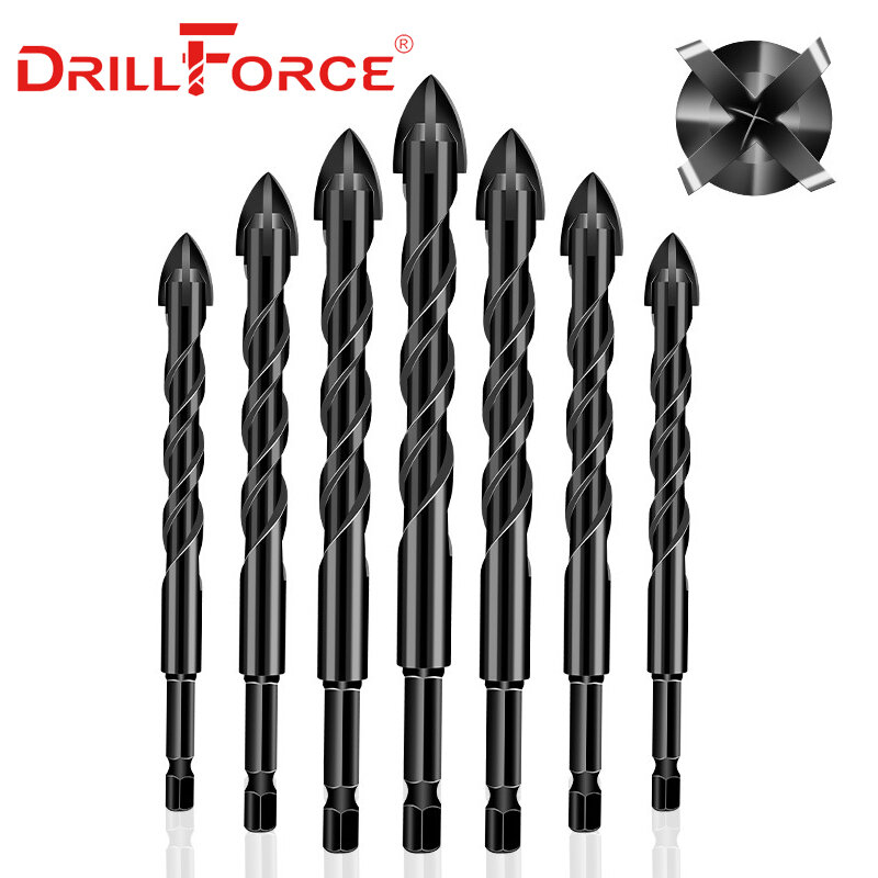 Drillforce Cross Hex Tile Drill Bits Glass Ceramic Concrete Hole Opener 4 Blades Carbide Tip Twist Drill Bit 3/4/5/6/8/10/12mm