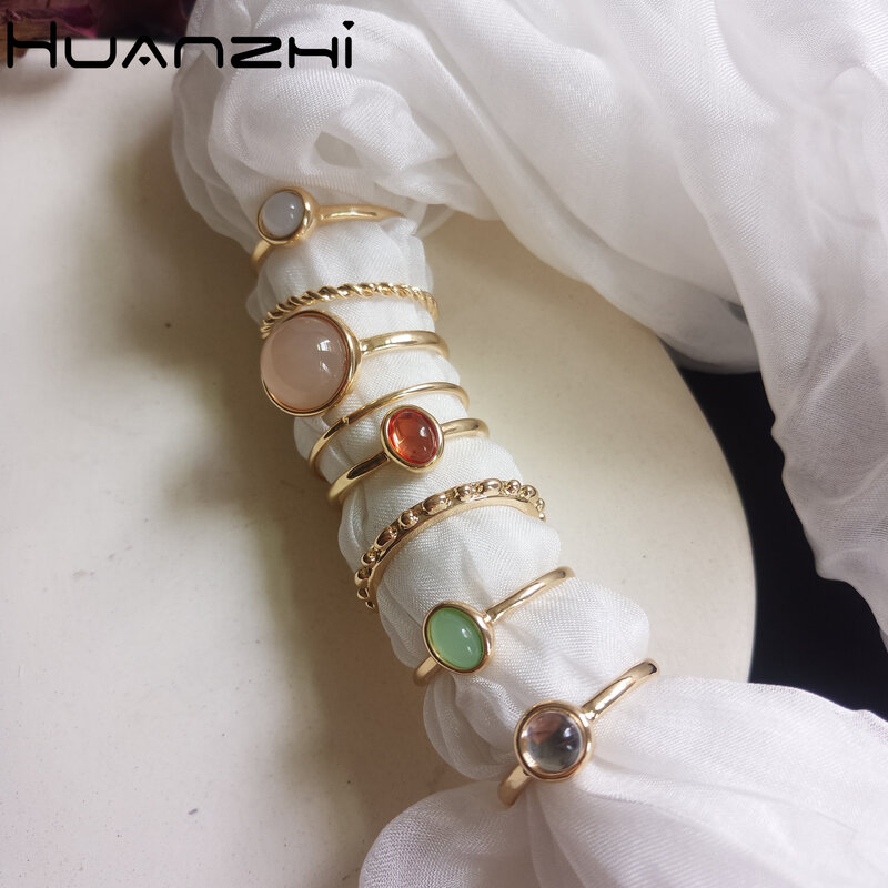 HUANZHI 여성용 빈티지 다채로운 스톤 금속 손가락 반지, 한국 히트 반지, 소녀 웨딩 파티, 여름