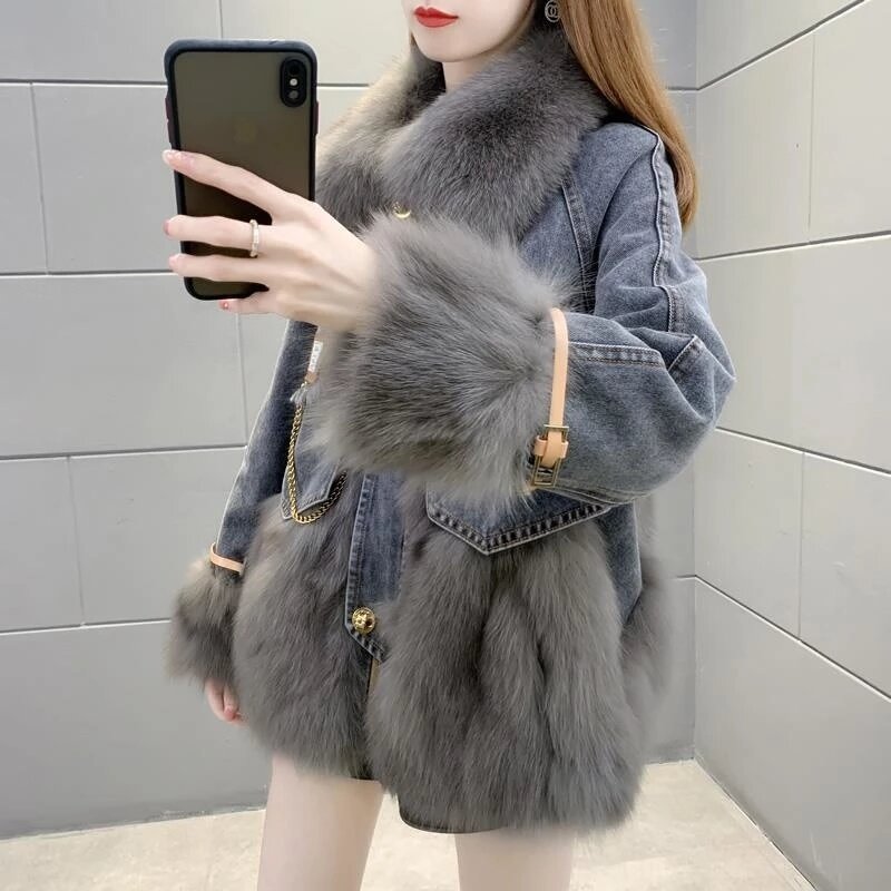 Winter Denim Jacket Fake Fur Patchwork Loose Parker  Korean Fashion Grey Wild Cowboy Outwear Femme Female Warm Jeans Coat
