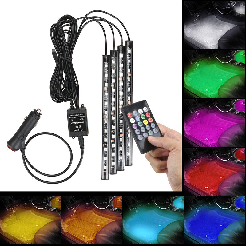 Auto LED RGB Atmosphere Strip Light 24/36/48 LED Wireless Remote Voice Control Foot Lamps Auto Decorative Atmosphere Lights