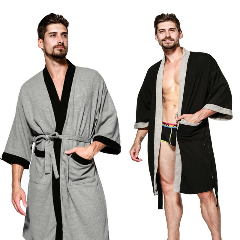 Cotton Waffle Men Kimono Bathrobe Gown Sleepwear Couple Black Robe Nightwear Loose Casual Sauna Yukata Spring Summer Home Wear