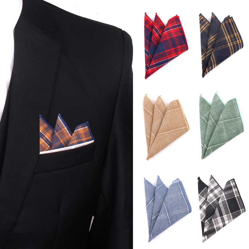 Lenços quadrados de bolso xadrez para homens, trajes masculinos casuais de algodão, lenços quadrados clássicos, toalhas para lenço e festa