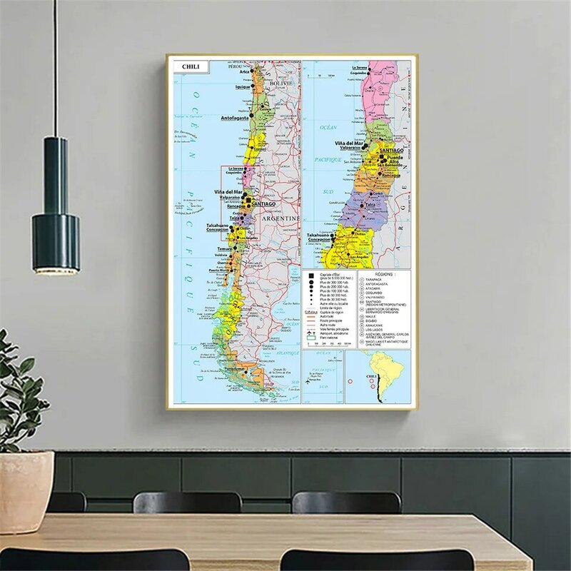 In French 60*90cm Transportation Map of The Chile Wall Art Poster Canvas Painting Living Room Home Decoration School Supplies
