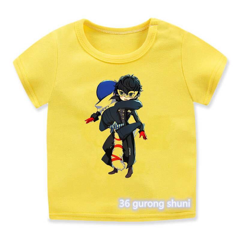 Novelty Design Teen Tshirts Anime Persona 5 Joker Cartoon Print Boys T-Shirts Casual Hip-Hop Children T Shirts Yellow Shirt Tops