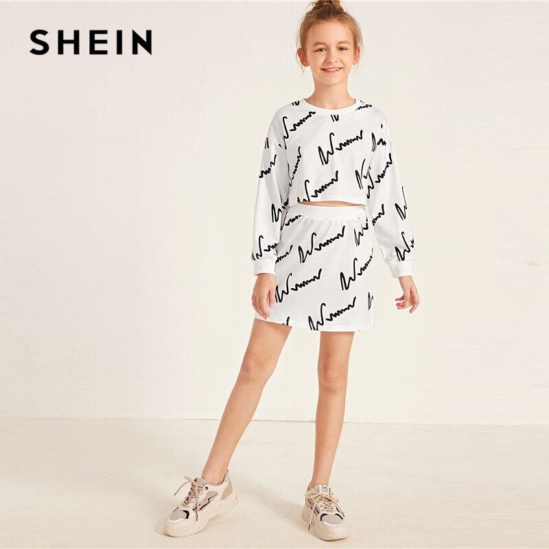 SHEIN/Детский свитер с графическим принтом и юбка для девочек; комплекты из двух предметов; Детские комплекты; коллекция 2019 года; Осенняя повсе...