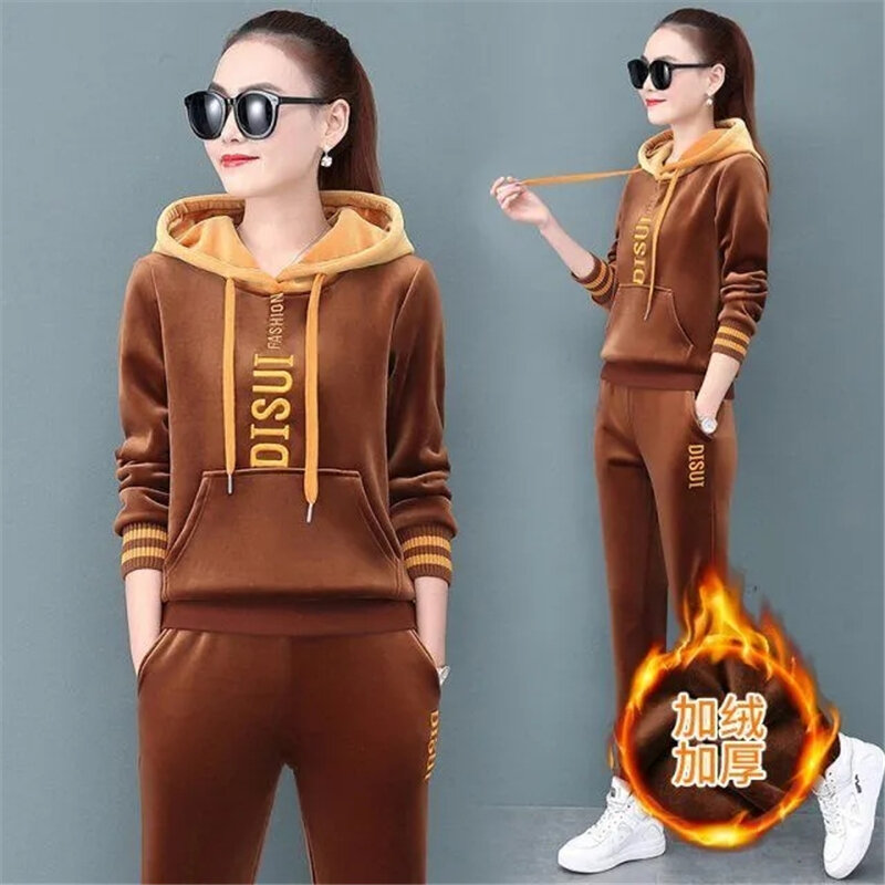 Herbst Winter Verdicken Casual Samt Trainingsanzug Frauen 2 Stück Set Mode Brief Stickerei Velours Mit Kapuze Sweatshirt Hosen Anzug