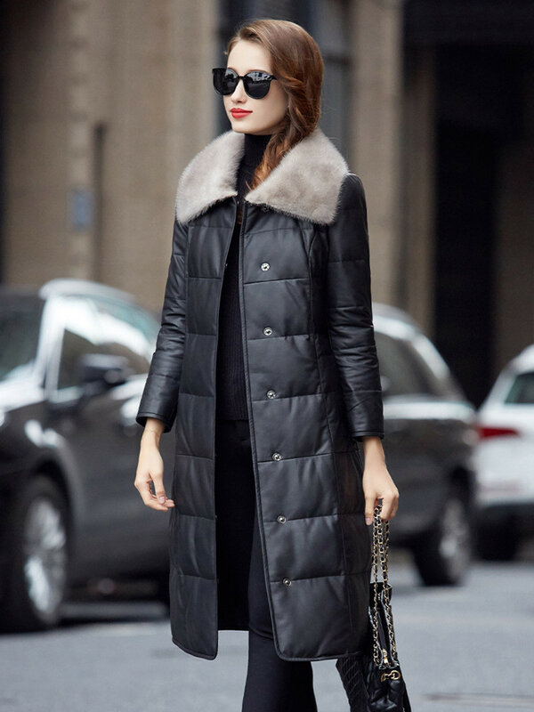Jaqueta de couro feminina, comprimento médio, casaco de pele de carneiro, gola de pele de vison, lazer, outono, inverno