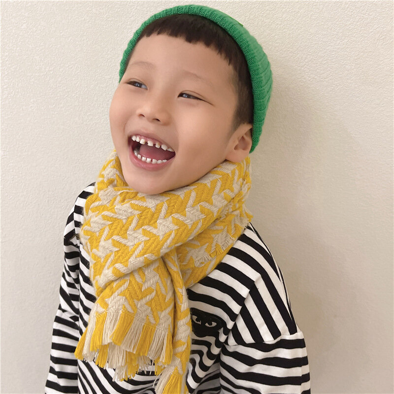 Crianças coreano houndstooth cachecol de caxemira outono inverno moda crianças grosso quente cor correspondência tecido borlas cachecóis menino meninas