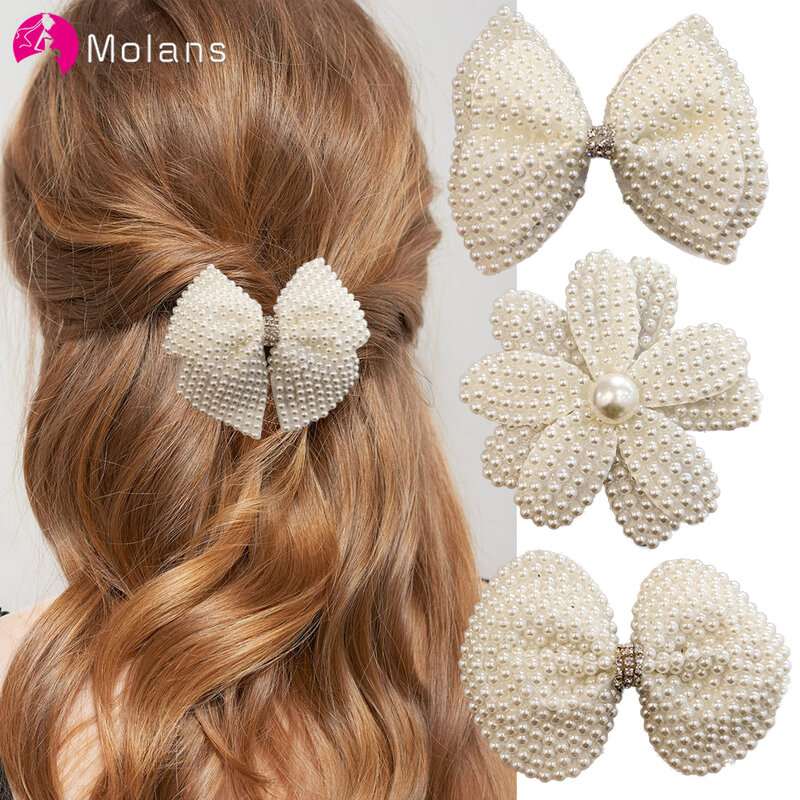 Molans-مقاطع شعر بفيونكة لؤلؤية للنساء ، دبوس شعر من حجر الراين ، إكسسوارات شعر الزفاف للفتيات ، عقال الزفاف