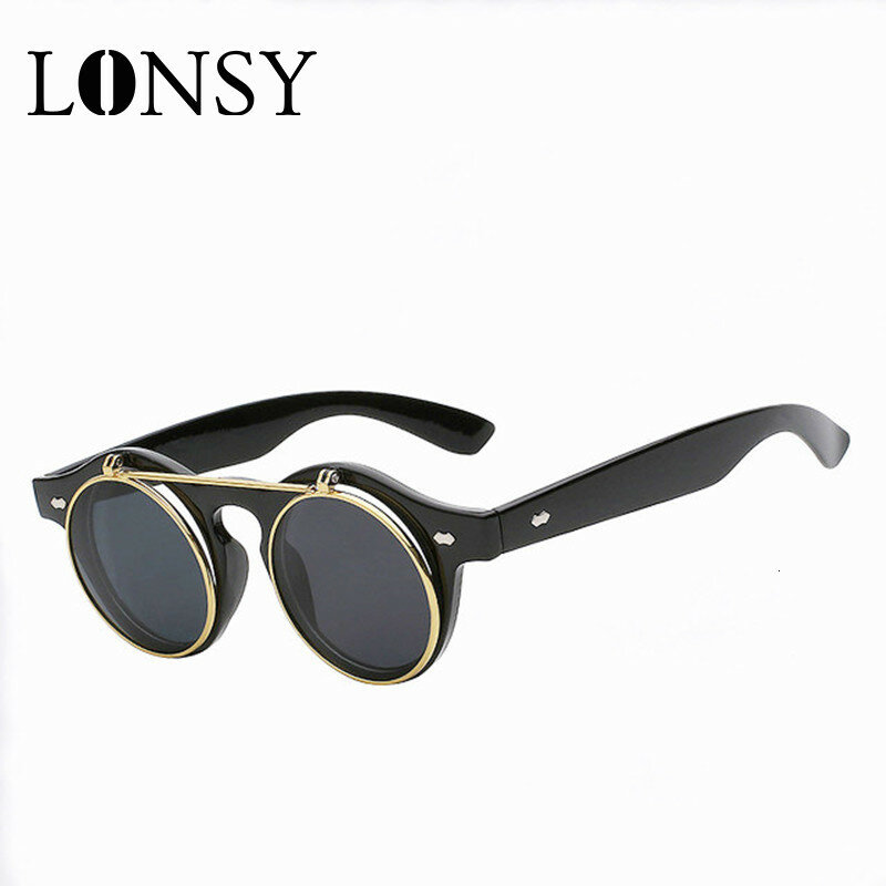 LONSY Vintage Steampunk Flip Sonnenbrille Frauen Männer Marke Designer Unisex Retro Runde Metall Dampf Punk Sonnenbrille UV400