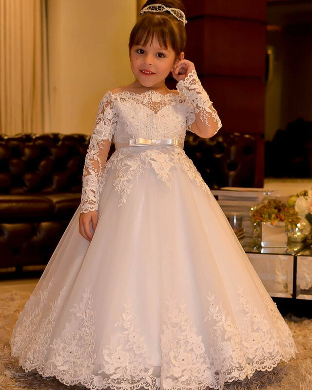 Flower Girl sukienki na ślub koronka księżniczki z długim rękawem Backless święta pierwsza komunia suknie Party sukienka na konkurs piękności dla dziewczynek