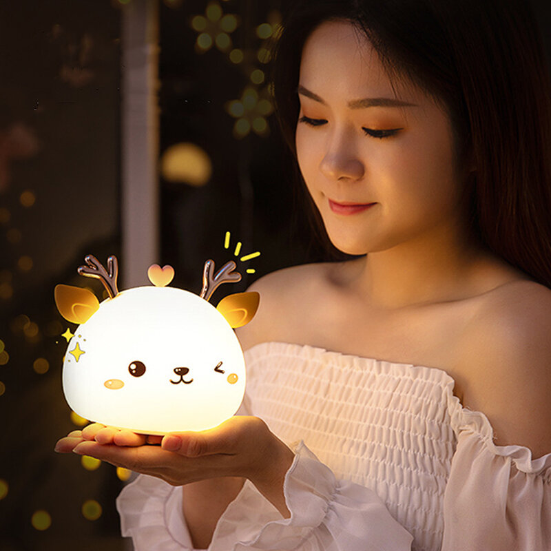USB Rechargeable LED Deer Night Lamp RGB Soft Silicone Touch Control Bedside Light Kids Children Cute Desk Lamps Bedroom Decor