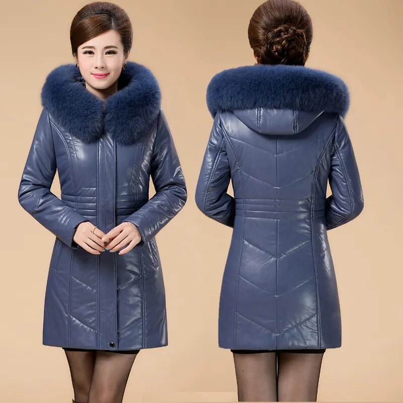 Women's Leather Overcoat New Leather Cotton Coat Parkas Hooded Padded Warm Winter Jackets Female Mid-Length Cotton Outerwear