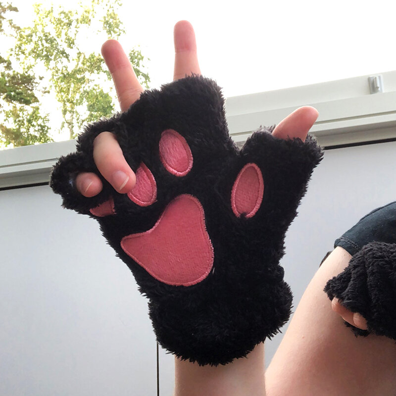 New Winter Gloves Women Bear Plush Cat Paw Claw Gloves Cute Kitten Fingerless Mittens Christmas Halloween for Girls Gift Gloves