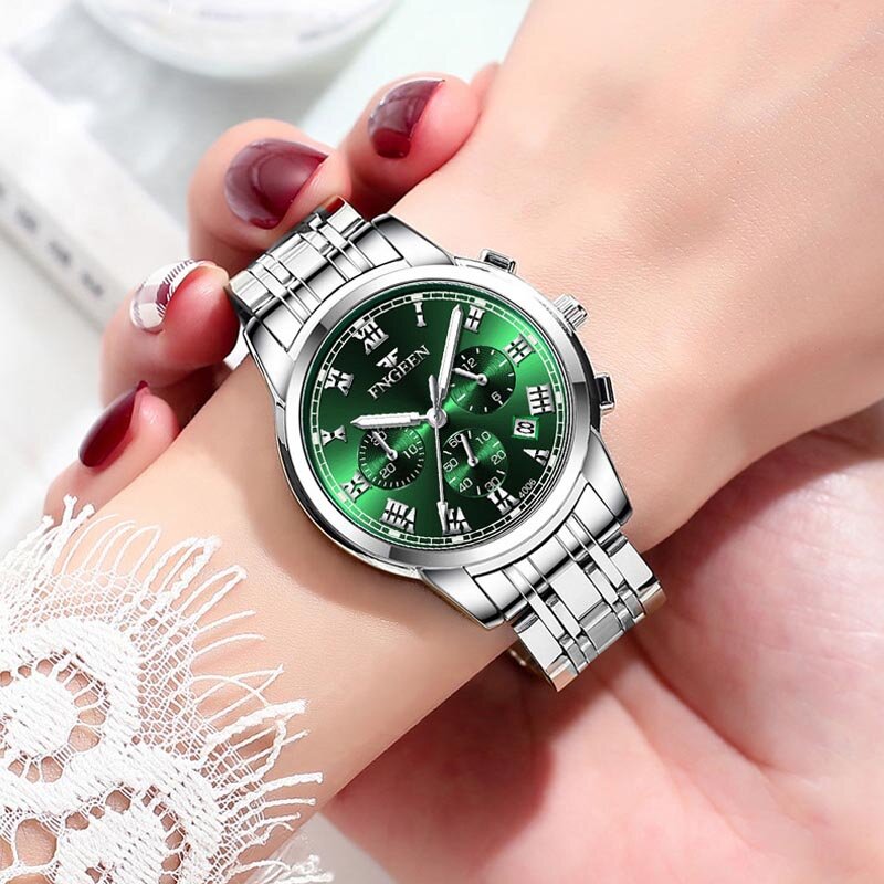 Relógio de aço inoxidável para mulheres, Forma redonda, Quartzo, Aço inoxidável, Cinta dobrável, Senhoras impermeáveis, Relógios de pulso, Moda de luxo