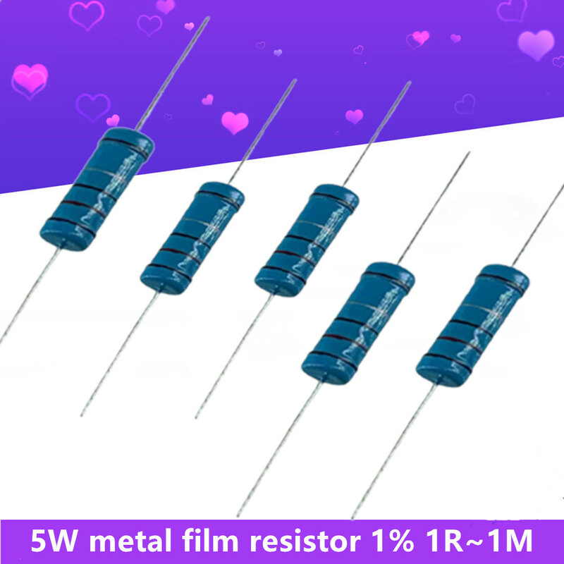 20 unids/lote de resistencias de película de Metal, 5W, 1%, serie Ohm, resistencia 1R ~ 2,2 M, 1 K, 10K, 100R, 220R, anillo de cinco colores, 121 tipos de resistencias de potencia,Venta caliente en españa