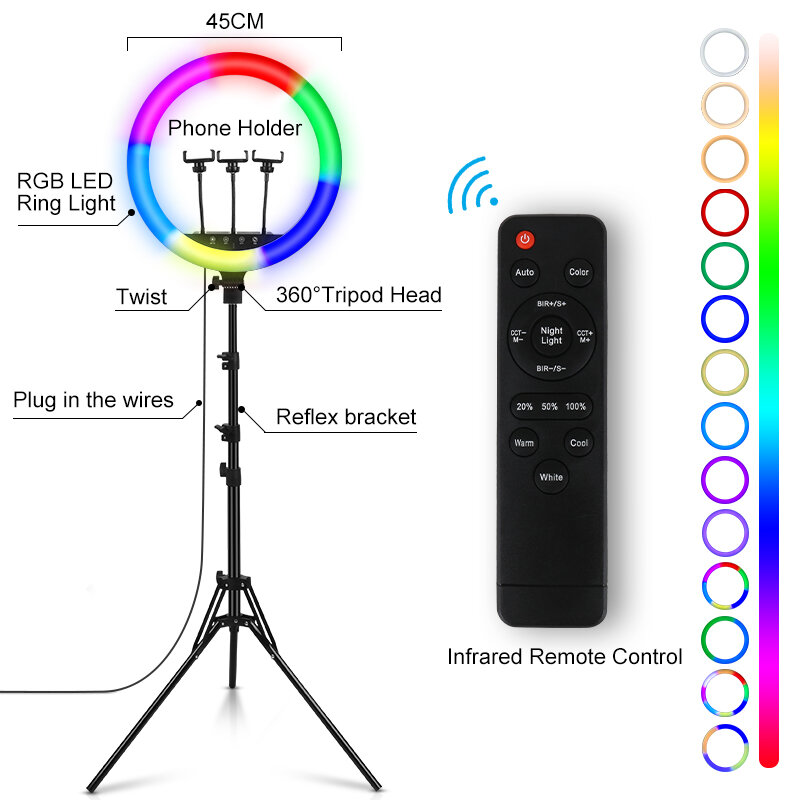 Yizhestudio 10 بوصة/18 بوصة حلقة مصباح مع 2 متر ترايبود RGB إضاءة ملوّنة بمشبك هاتف التحكم عن بعد لقطع الدخول YouTube