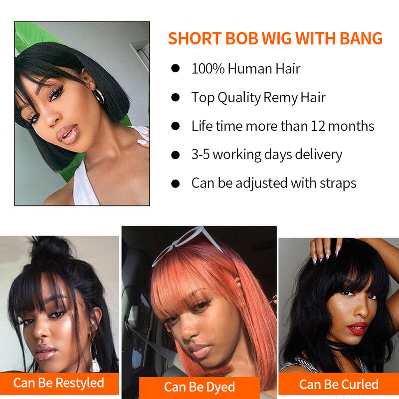 Peluca de cabello humano liso para mujer, pelo corto Bob, hecho a máquina, Color Natural, con flequillo, brasileño, Remy, sin encaje