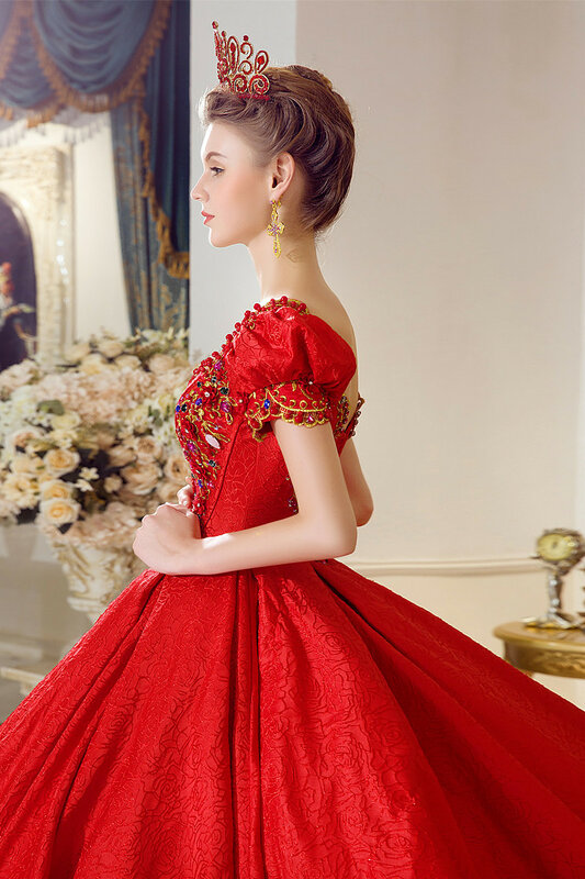 الأحمر الزفاف الحمل العروس حالمة الفاخرة الخامس الرقبة القصر الملكي ريترو فستان حمل فستان سهرة أنيق لفستان الحوامل