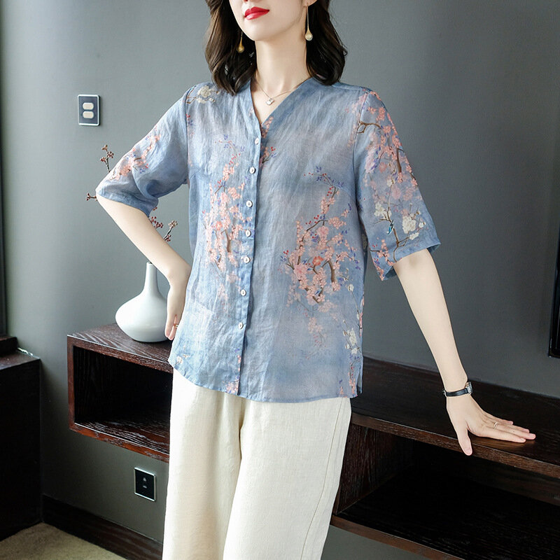 Fashionable Casual Suit Woman  Summer Pants Suit QualityBlended Ramie Short Sleeve Tops V Neck Design Printed Two Piece Set