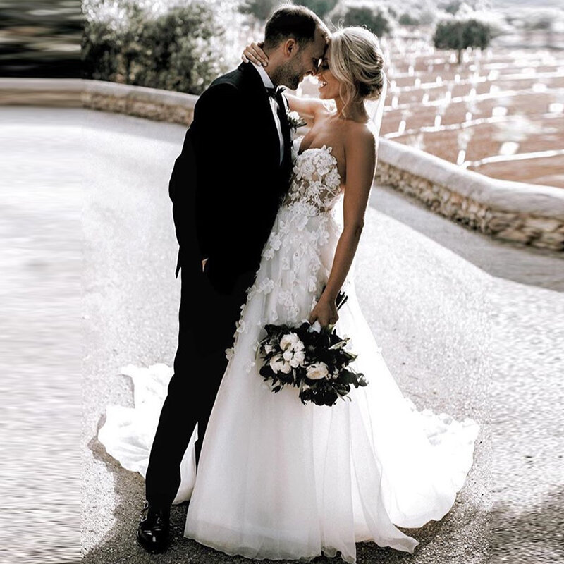 Mimpi tanpa tali Boho gaun pernikahan Applique Tulle 3D bunga sayang tanpa lengan A-Line gaun pengantin pantai Vestido De Noiva