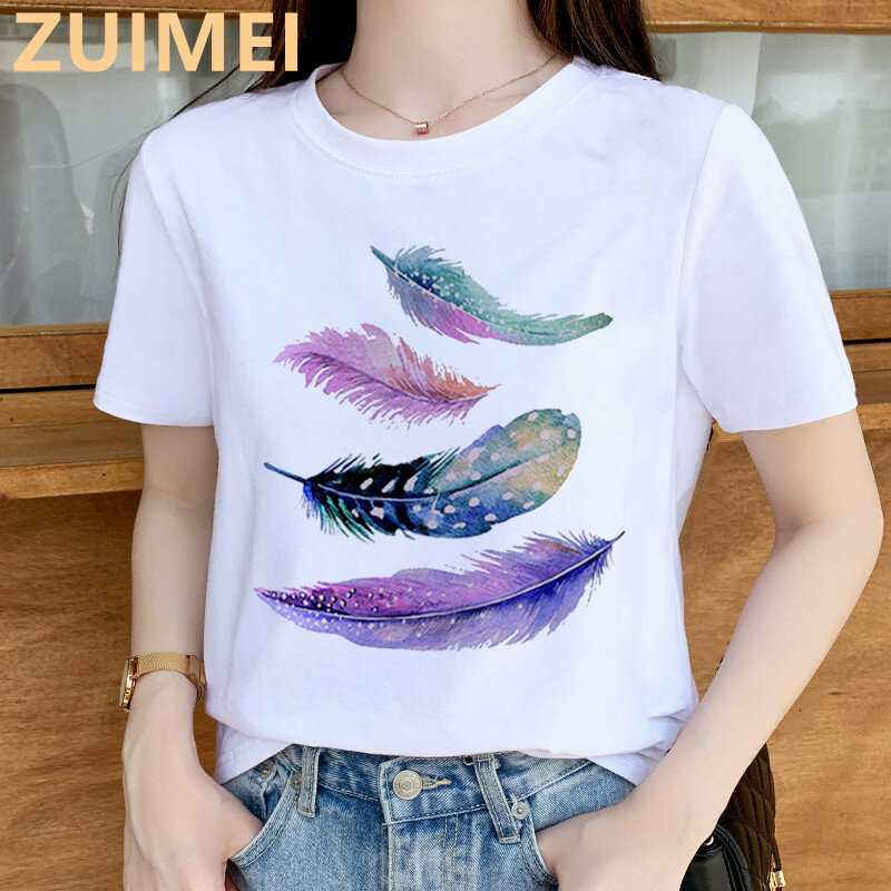 Feder Dreamcatcher Mode Print Harajuku Top Frauen T-shirt Casual damen grundlegende O-kragen Kurzarm T-shirt Mädchen, drop Schiff
