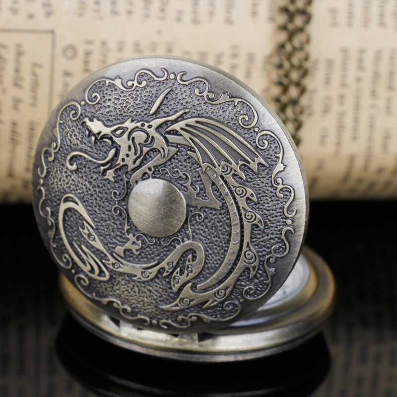 Clássico Bronze Chinês Dragão Quartz Pocket Watch com Corrente Retro Homens Mulheres Pingente Colar Relógio Presente