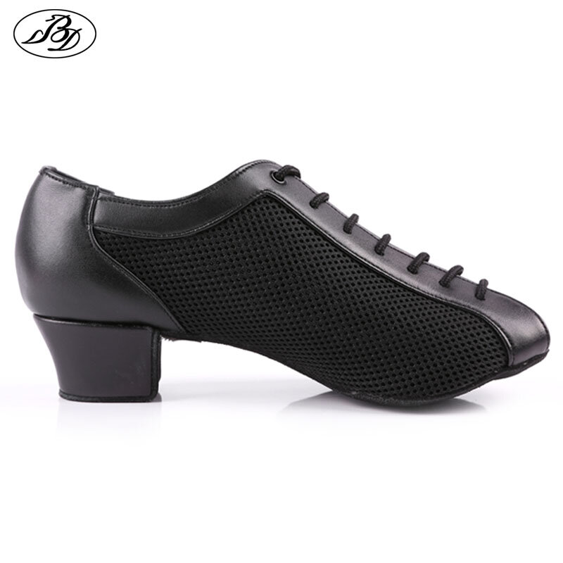 BD-zapatos de baile AM5 para mujer, zapatillas negras, zapatos de baile latino, zapatos de salón, malla, tacón cuadrado grande, zapatos de enseñanza