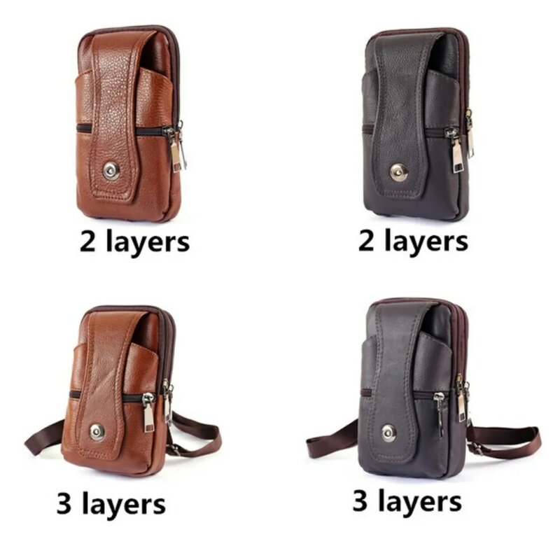 High Quality Leather Waist Bag Multifunction Men Belt Bag Small Shoulder Bag Crossbody Bags Multi-Layer Buckle Mobile Phone Bag