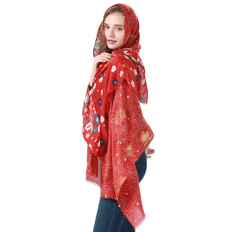 Foulard en coton à dorure pour femme, Bandana, châle imprimé fleur, écharpe chaude de protection solaire, Pashmina, collection hiver 2021