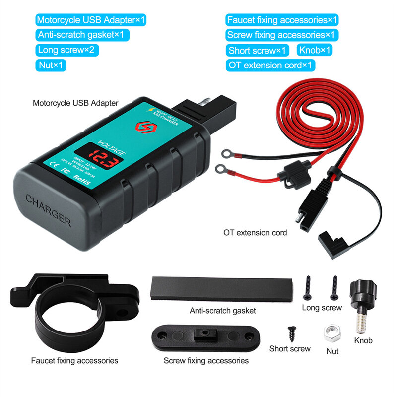 Caricabatterie doppio USB caricabatterie rapido QC3.0 con interruttore di alimentazione voltmetro presa SAE integrata per moto cavo terminale OT da 1.4 M