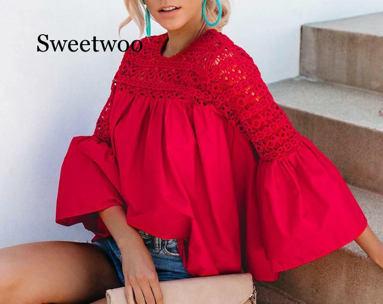 High Street Women Blouses Flare Sleeve Shirts Women Tops And Blouses 2020 Autumn Lace Patchwork Blousa Fashion Hollow Out Blouse
