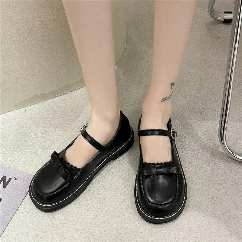 Gothic Lolita Bowknot Heart Mary Jane Shoes Women Cute Kawaii Chunky Platform Flats Fashion Designer Buckle Strap Leather Shoes