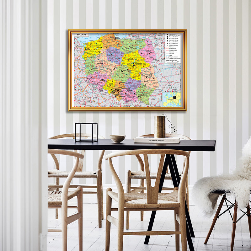 Póster Artístico de lienzo de 90x60cm para decoración del hogar, pintura de pared con mapa politico de Polonia (en francés), suministros escolares para sala de estar